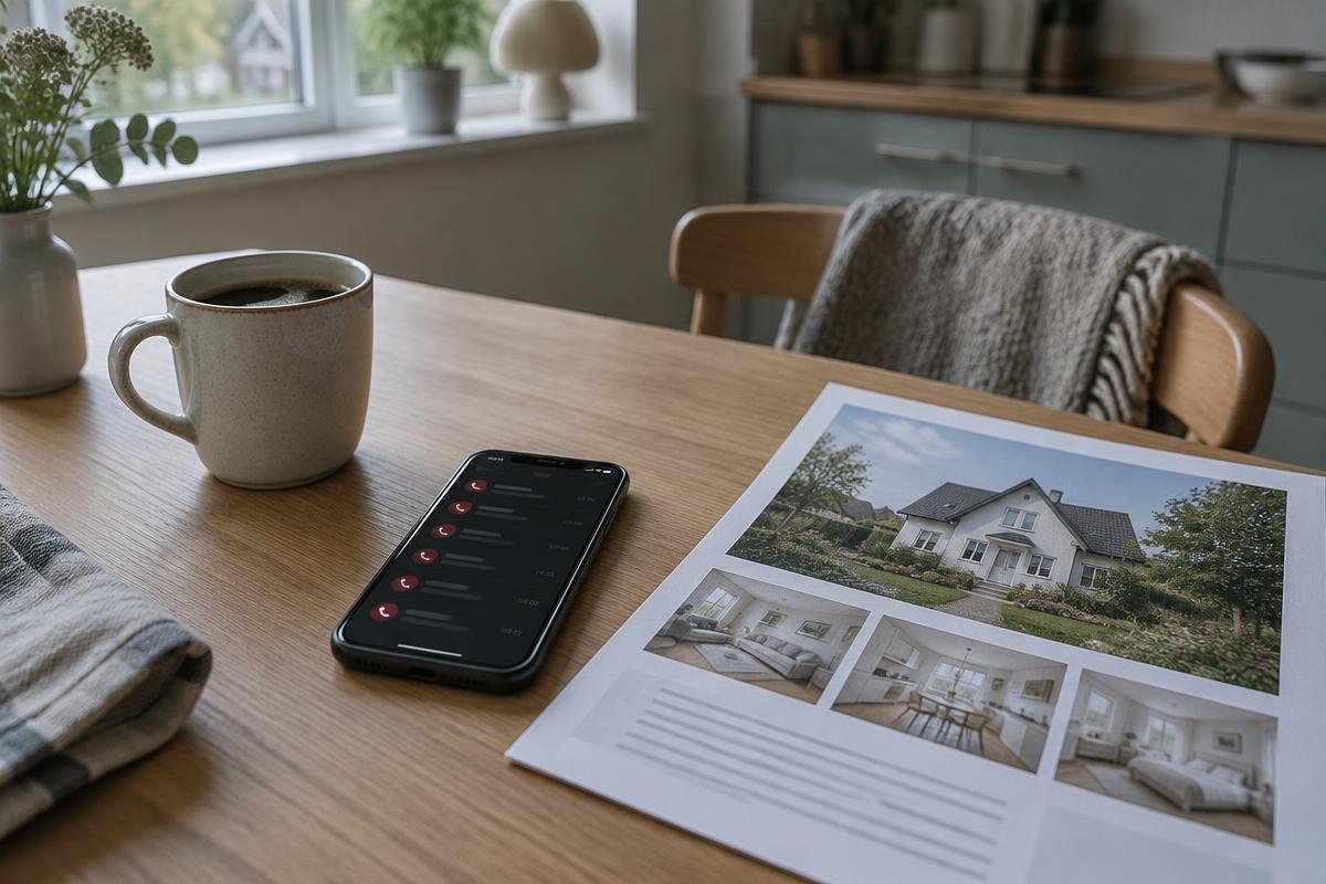 Køkkenbord med telefon, kaffekop og en printet boligannonce