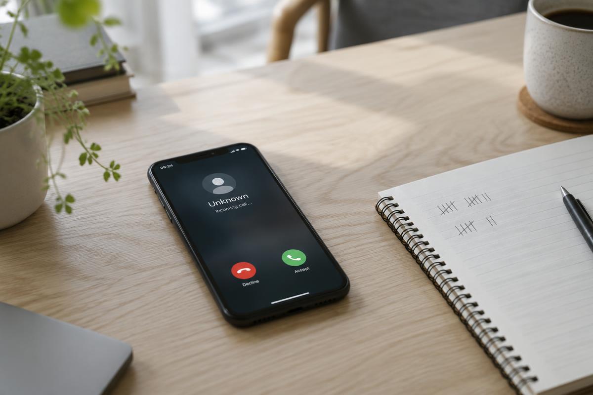 Telefon på et skrivebord viser et indgående opkald ved siden af en notesbog